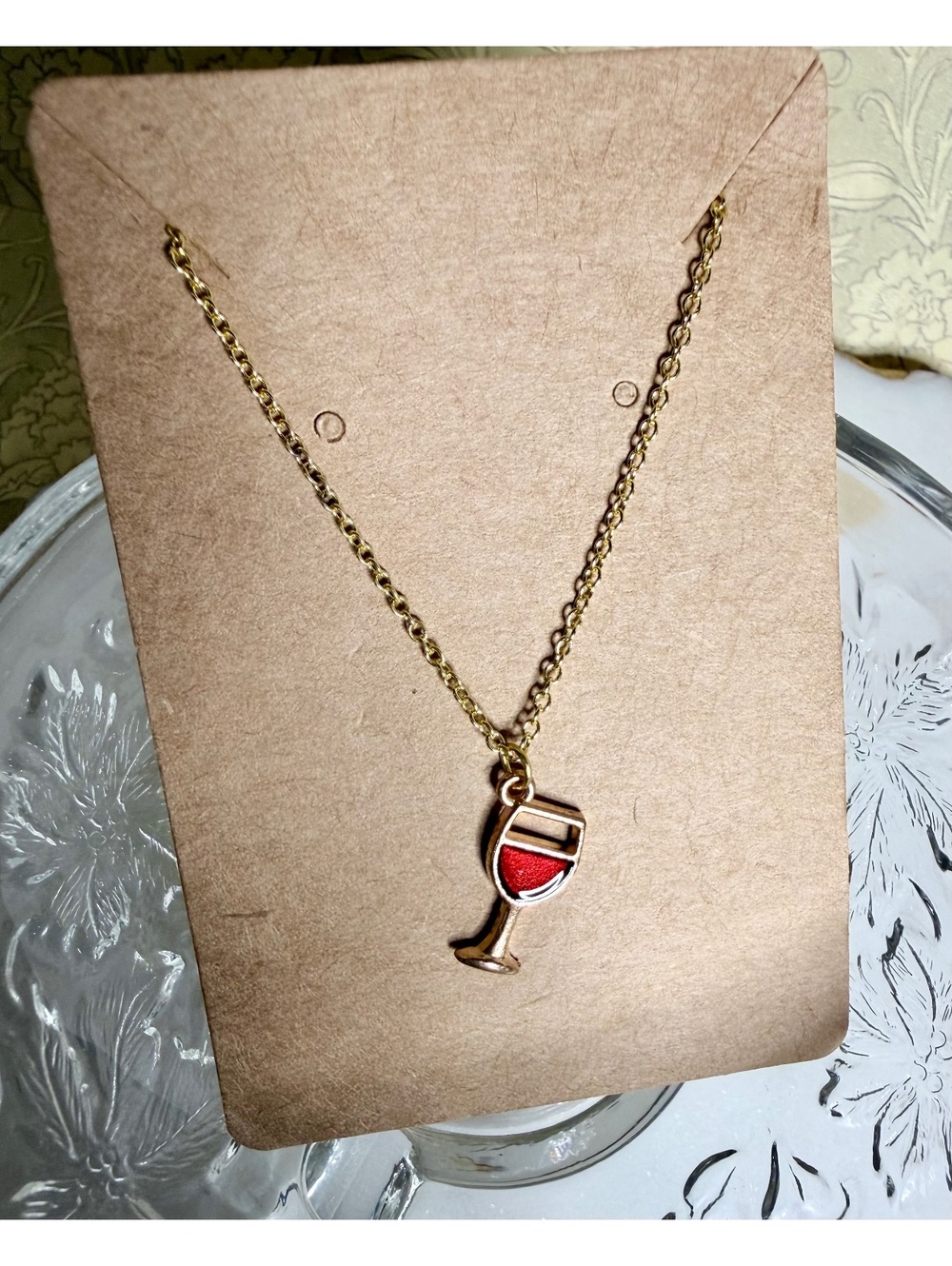 Gold Tone Necklace with Red Wine Glass Pendant